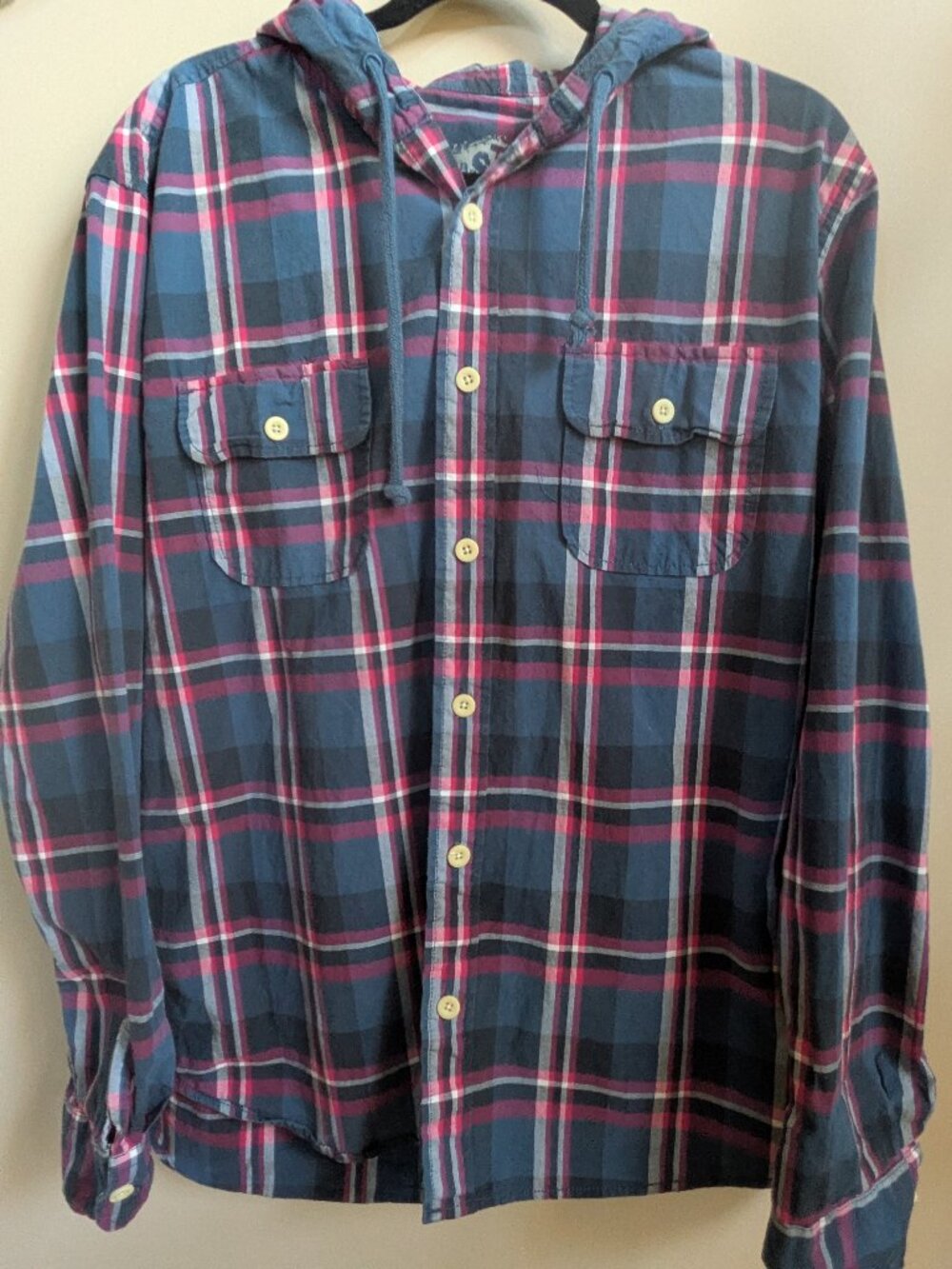 Aeropostale button up hoodie men xl red blue white plaid long sleeve #231